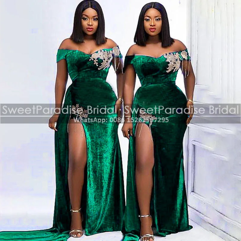 

Stretchy Velvet Long Mermaid Bridesmaid Dresses Customized Beads Appliques Off Shoulder Side Split Plus Size Women Party Dress