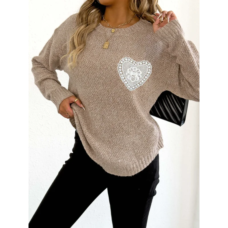 

Lace Pockets and Round Neck Pullover Sweater Women's Hollow Lace Pocket Splicing Round Neck Hooded Sweater