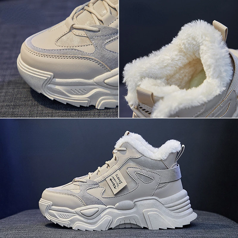 Zapatos deportivos de Invierno para mujer, zapatillas de plataforma a la moda con piel, botas de nieve cálidas, zapatos de monopatín de seguridad