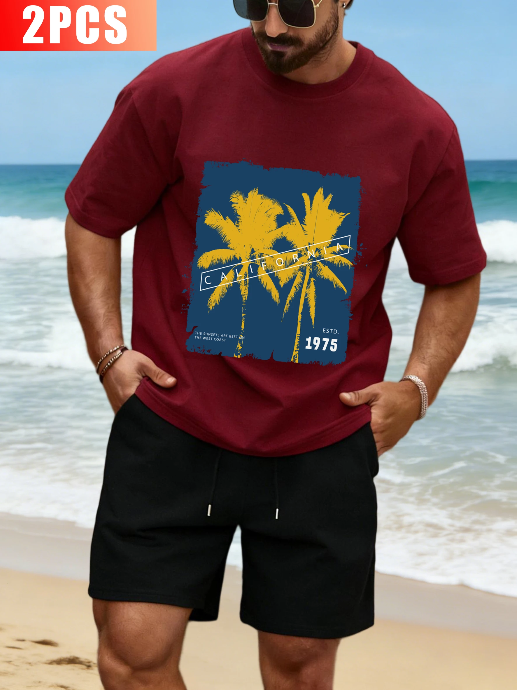 

California 1975 Coconut Tree Beach Men T-Shirt Suit Casual Cotton Tee Drawstring Shorts Summer Unisex All-Match Soft Sportsuit