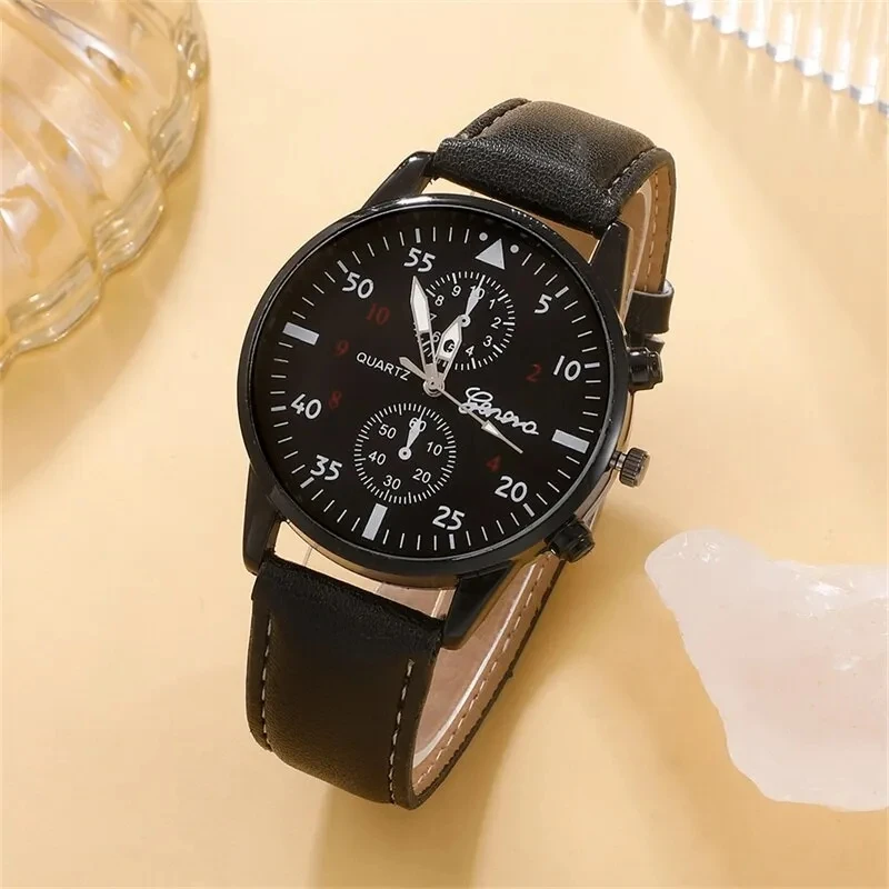 Ensemble de montres d'affaires en cuir noir pour hommes, bracelet perlé décontracté, collier, montre-bracelet à quartz, mode masculine, 3 pièces