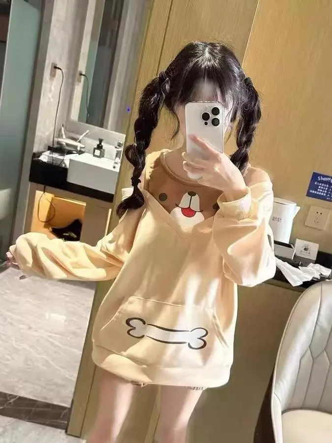 Cute Shoulder-Bared Long-Sleeve Sweatshirt Women's Style Bone Doggies Soft Girl Fake Two-Piece Top Sweet Style Loose Fit