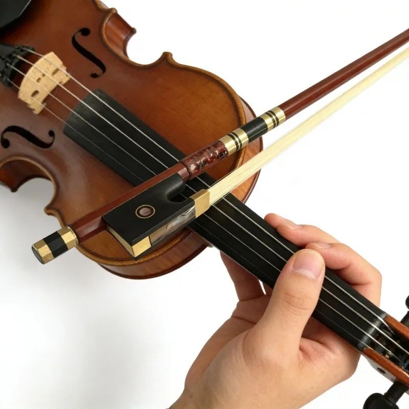 Violin Bow + Bow Case Set, High-quality Ebony-edged Violin Bow, Gold Silk Snake Skin Octagonal Bow, Fish-eye, Colorful Shells