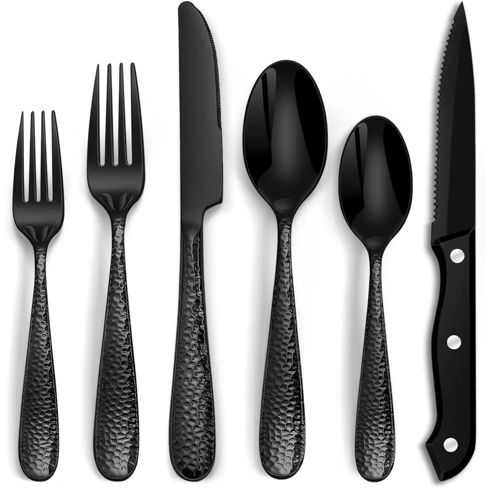 

48-Piece Hammered Silverware Set in Black with Steak Knives, Stainless Steel Flatware for 8, Mirror Finish Tableware