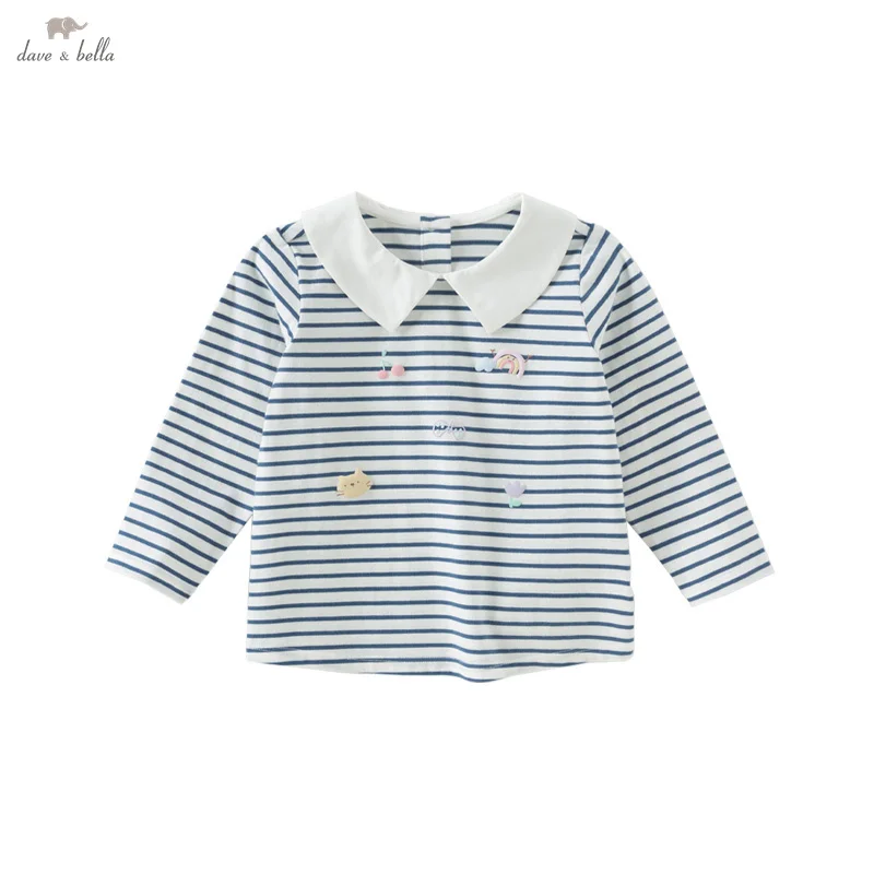 Dave Bella Children's Cotton T-shirt 2025 Spring Fashion Casual Girl's Long Sleeves Striped Bottoming Shirt Party Cute DB1250607