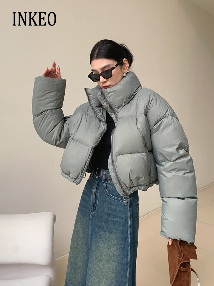 

Korean style Women Hooded short puffer jacket 2023 Fall winter Solid Zip Oversize 90% white duck down coat Warm INKEO 3O125