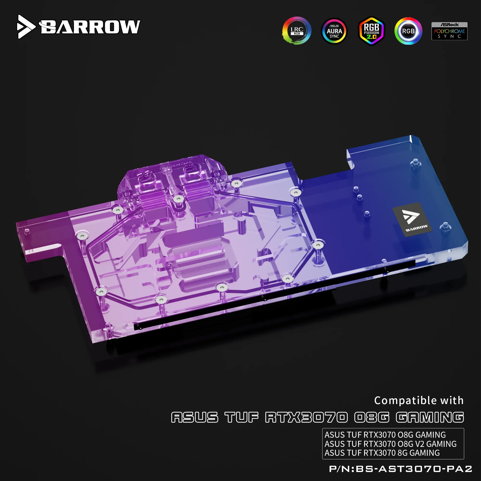 Barrow 3070 GPU 수냉 블록, ASUS TUF RTX3070 8G 게임용, 풀 커버 ARGB GPU 쿨러, PC 수냉, BS-AST3070-PA2