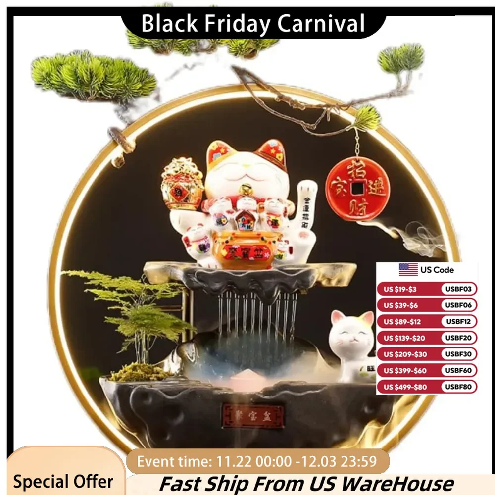 Chinese Lucky Cat Fountain Flowing Water Wealth Ornament Pendant Home Living Room Decoration Bar Counter Desktop Opening