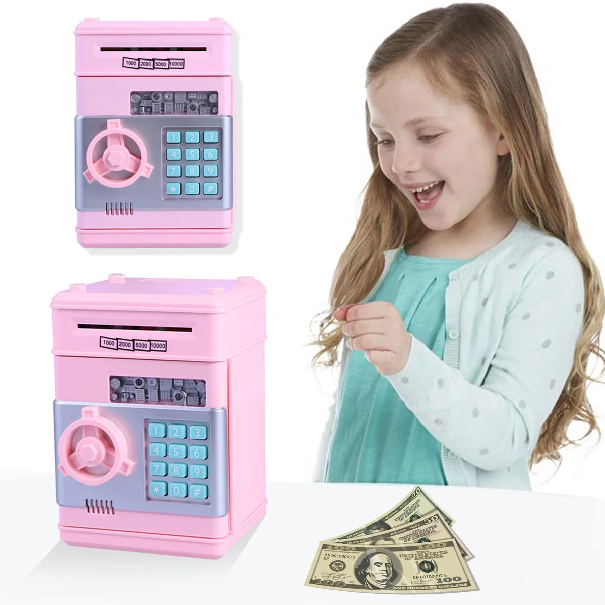 Children's Money Saving Bank Deposit Box Intelligent Voice Mini Safe and for Kids with Pass Code (Pink, Button Random Color)