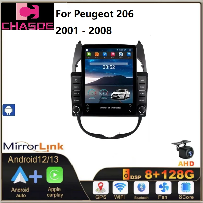 Android 13 IPS DSP 8+128GB car radio gps For Peugeot 206 2001 - 2008 ADAS DVR Car-play auto electronics navigation