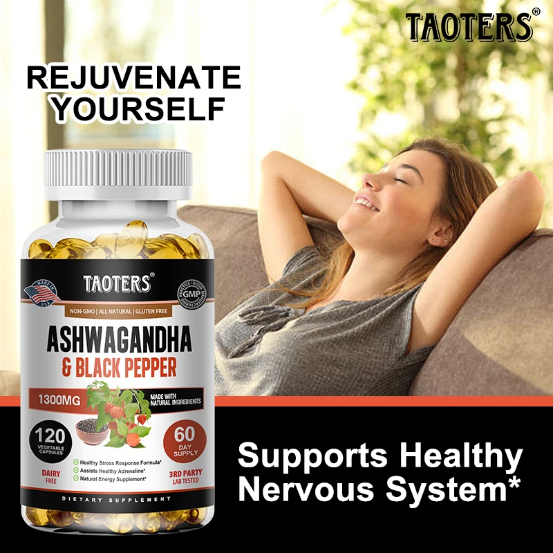 كبسولات مستخلص أشواغاندا النقية 1300 مجم مع الفلفل الأسود - مكملات غذائية نباتية 30/60/120 عدد