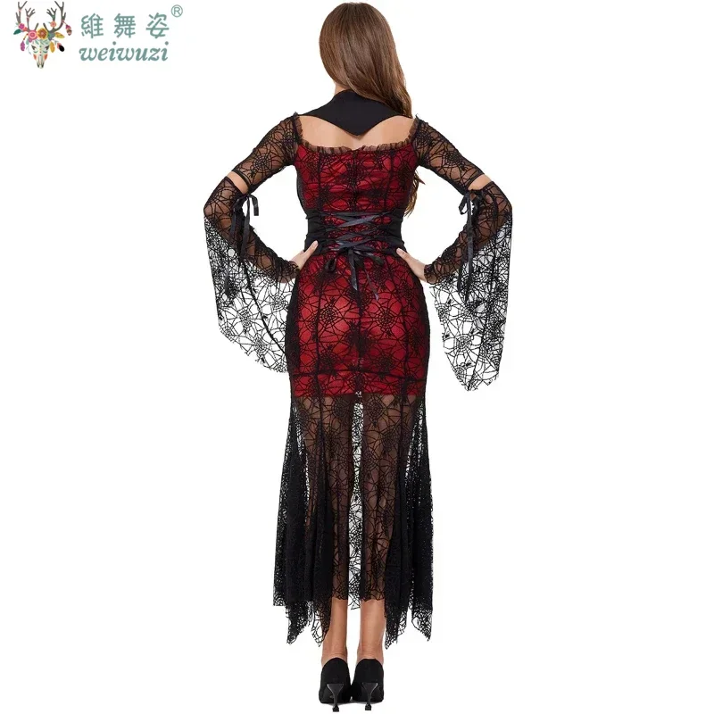 Halloween Cosplay Gothic Witch Vampire Sexy Lace Hip Wrap Dress Black Evil Wizard Ghost Bride Perspective Dress Carnival Costume