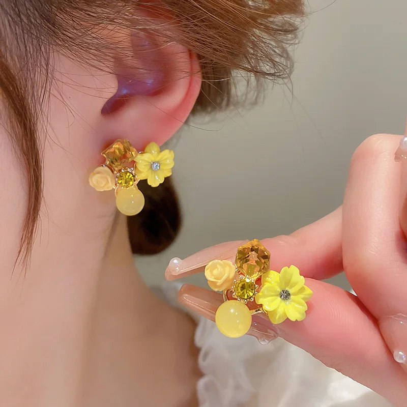 New 11 Colors Cube Zircon Crystal Flower Opal Resin Stud Earring for Women Exquisite Jewelry Accessory Wholesale Christmas Gift