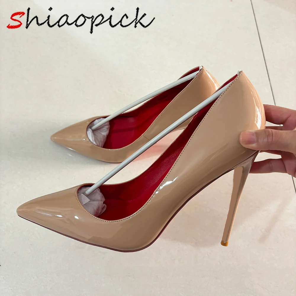 

Новое поступление 2026, классические женские туфли-лодочки из лакированной кожи телесного цвета на очень тонком высоком каблуке 12 см, модельные офисные туфли без шнуровки на шпильке