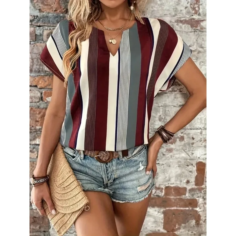 Plus Size 1XL-8XL Casual T-shirt Women\'s Plus Stripe Print Short Sleeve Notched Neck Top