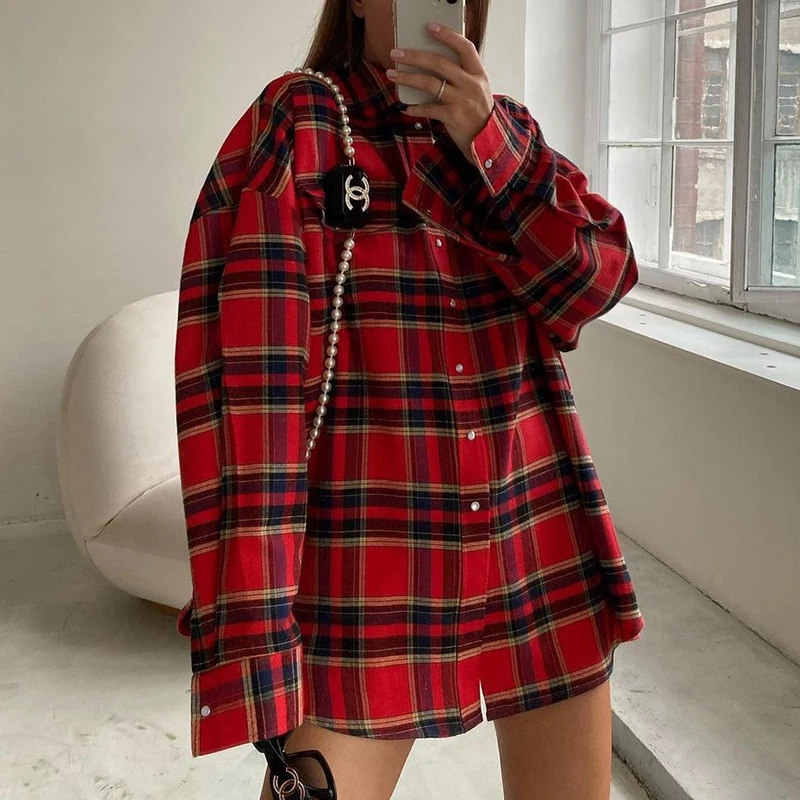 

Tornova Casual Red Plaid Printed Women's Shirt Fashion Long Sleeve Single Breasted Blouses 2025 New Lapel Female Shirt Outwear