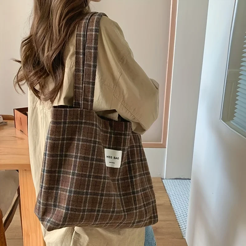 Autumn and Winter Checkered Tote Bag, Ins Laid-Back Single-Shoulder Bag, Large-Capacity Handbag, for Daily Commuting