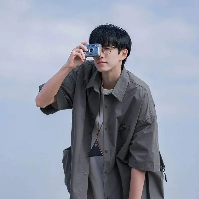 

Loose Fit Men's ort Sve Workwear irt Summer Casual f Sve American Sle Trendy Brand Outerwear Pure Color Turn-d...