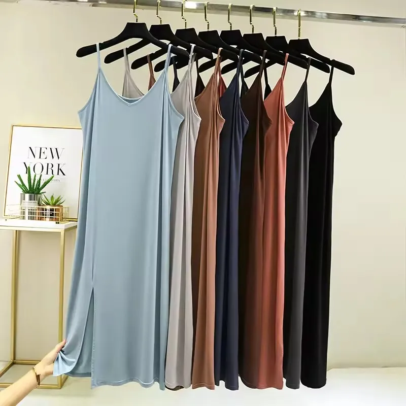 Women Summer Dresses Casual V Neck Full Under Slip Dress Spaghetti Strap  Seamless Loose Split Bottming Thin All-Match Dress - AliExpress