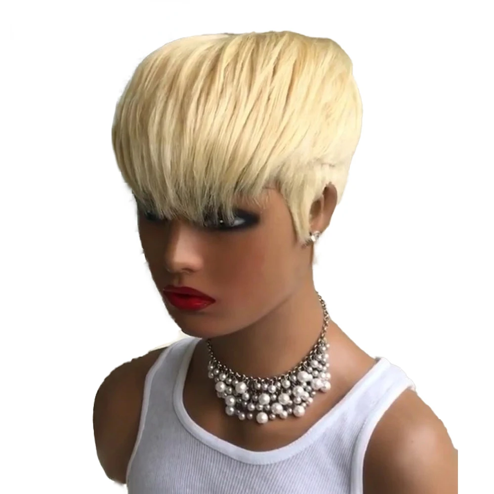613 สีบลอนด์ตรงวิกผมผมมนุษย์ผู้หญิง Pixie ตัดวิกผมเต็มรูปแบบวิกผม 150% ความหนาแน่น 6 นิ้ว
