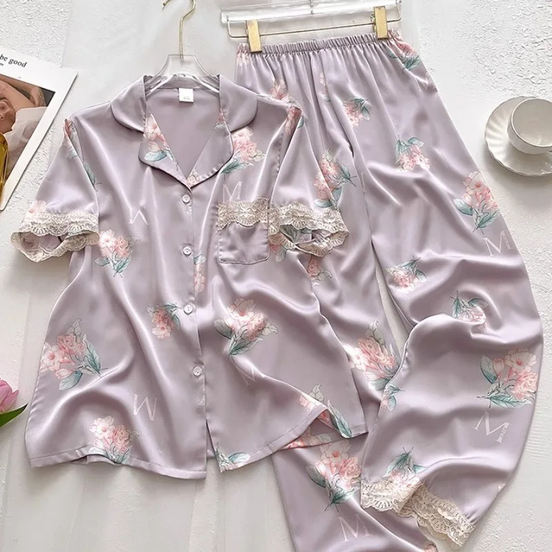 

Комплект пижамы из ледяного шелка для женщин: летний топ с коротким рукавом, пуговицами и отложным воротником, две части, для сна и дома