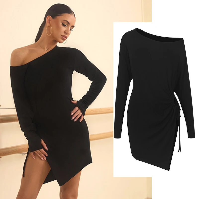 ZYM Latin Dance Tops Long Sleeves Dress Black Drawstring Sexy Dress Rumba Chacha Dance Clothes Practice Clothing Adult DNV28275