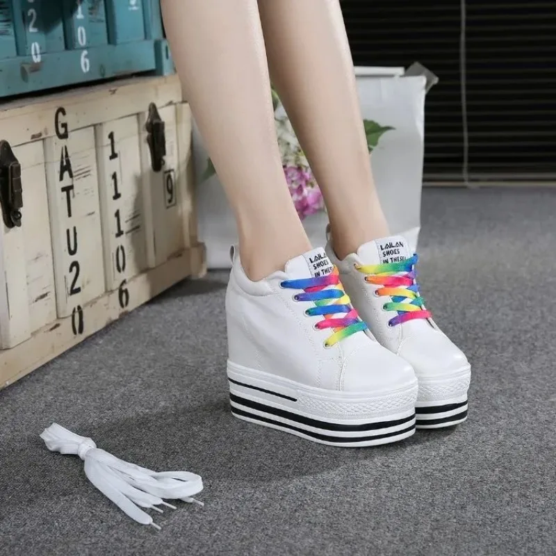 2023 New 12CM Heels Wedge Canvas Shoes Woman High Platform Sneakers Vulcanized Shoes Hidden Heel Height Increasing Casual Shoes