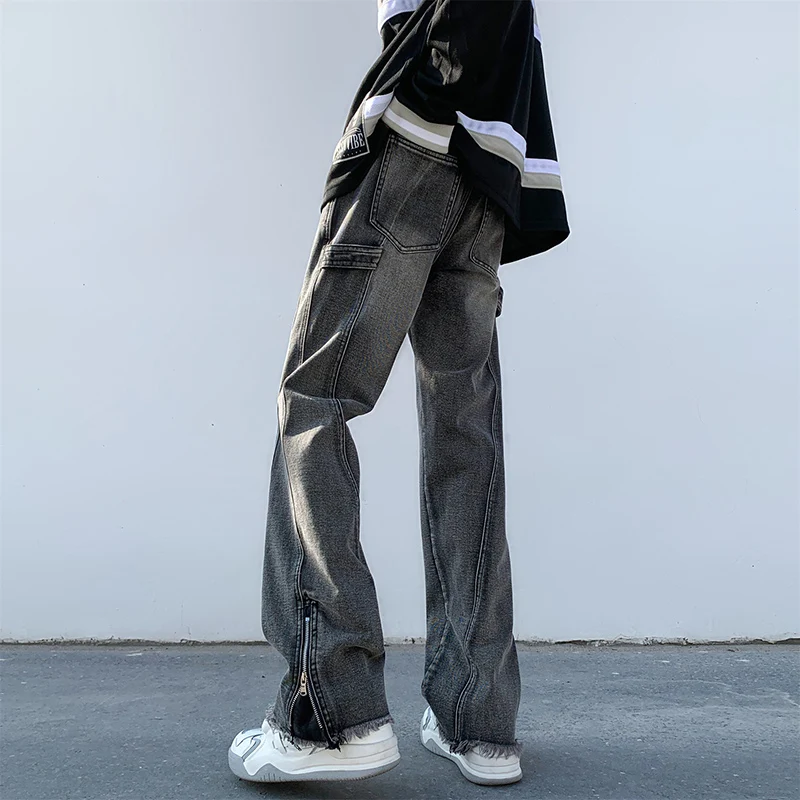 

American High Street Vibe Men's Jeans Spring Autumn Bla ey Frayed Straight Loose Zipper Slit Micro Flared Long Pants