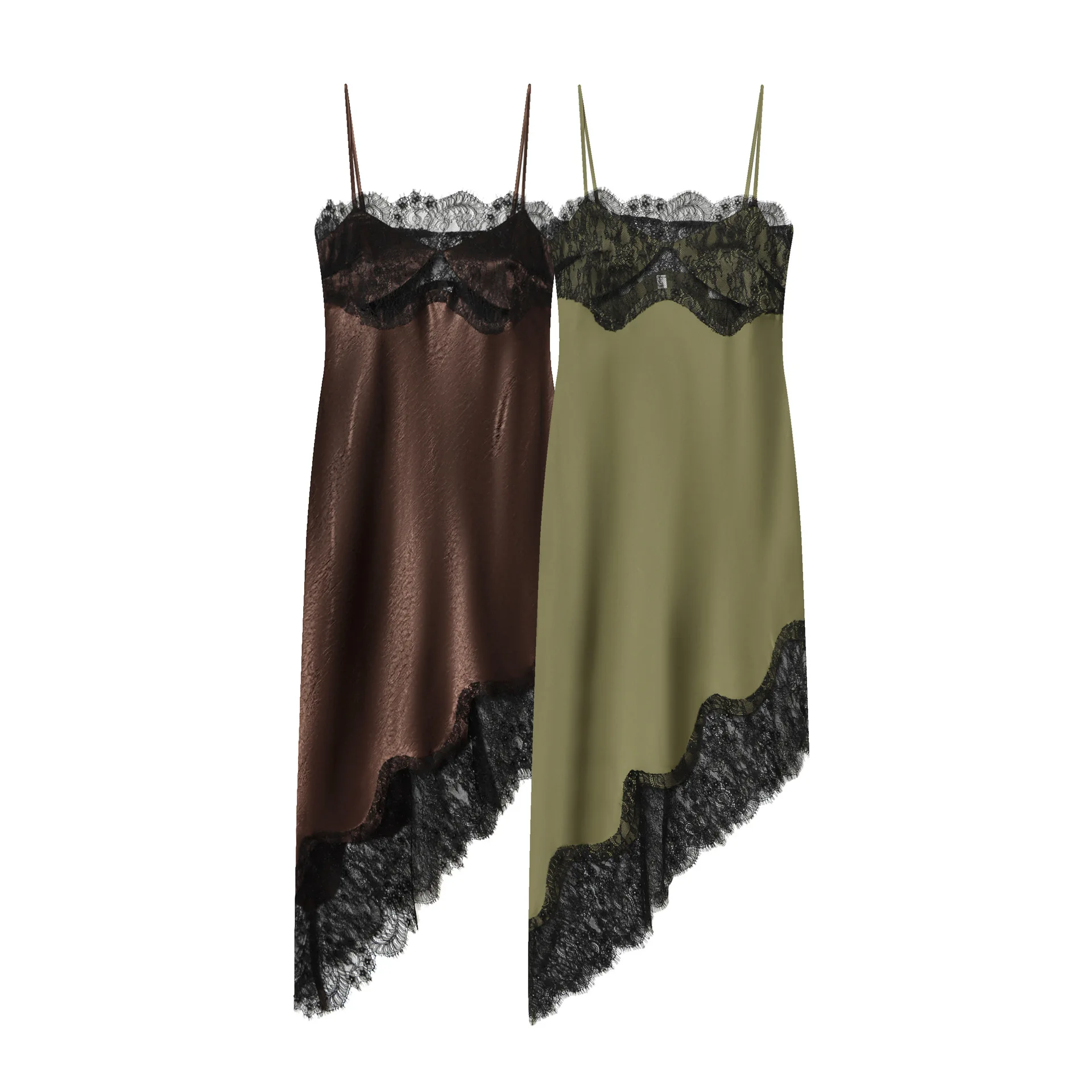 PRINTKAOIR Abito sottoveste in raso marrone da donna estivo con finiture in pizzo nero cinturino per spaghetti orlo asimmetrico elegante abito da sera