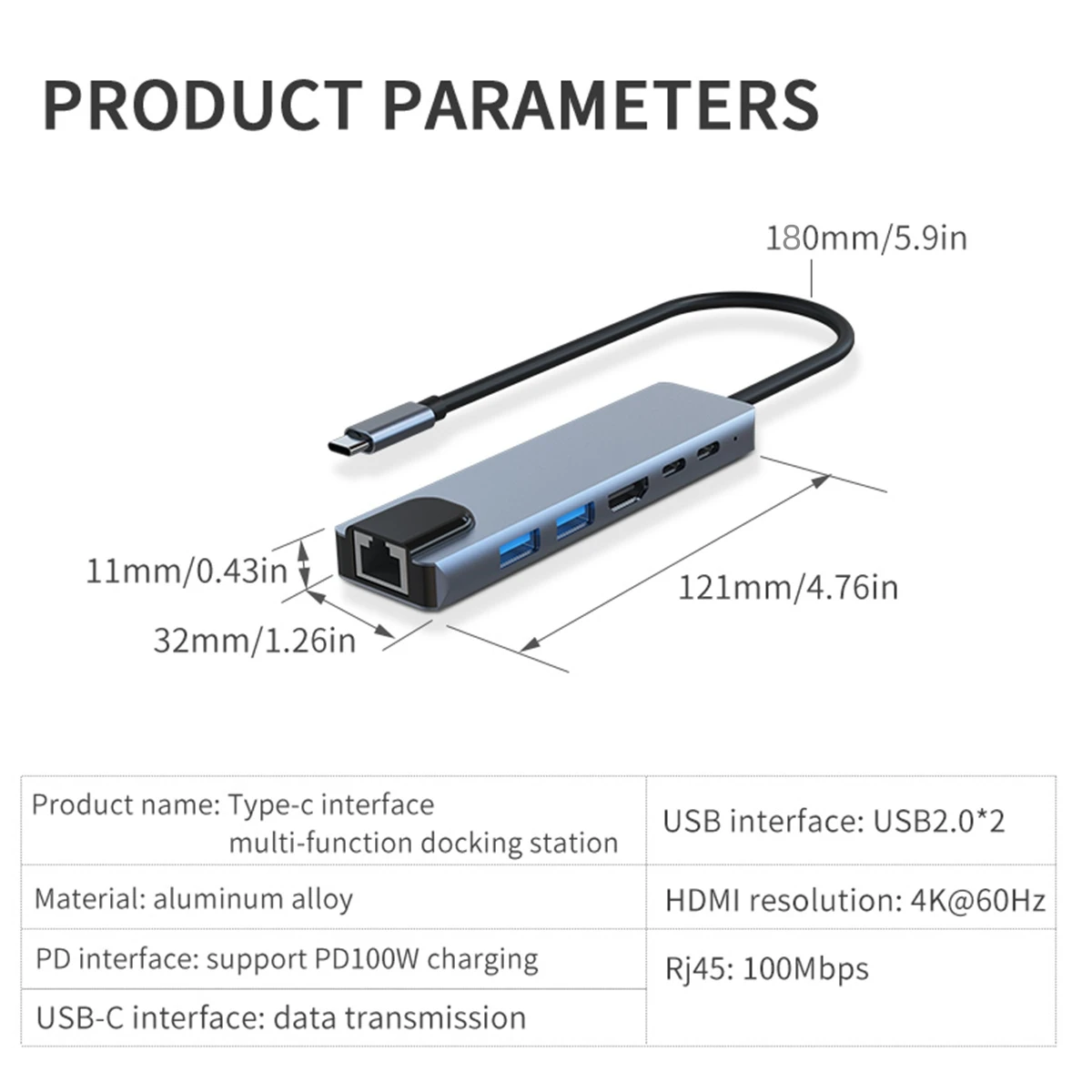 محول متعدد المنافذ محمول من النوع C ، محطة إرساء USB ، 6 في 1 ، HDMI ، USB ، PD ، نوع C ، RJ45 ، RJ45100M