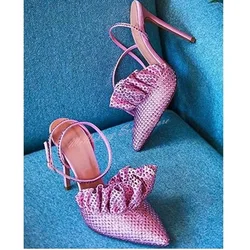 Stud Crystal Straps Sandals Pumps Pointy Toe Solid Bling Slingback Buckles Stiletto Heels Pumps Women Casual Shoes Summer Party