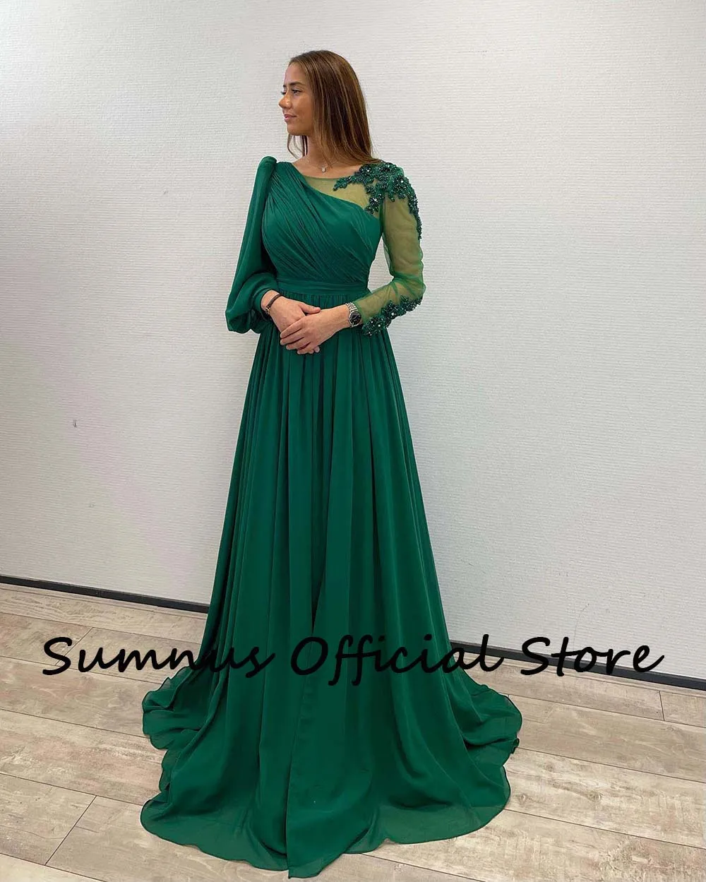 Vestido de noite manga comprida, elegante, árabe saudita, chiffon, com miçangas e apliques, com fenda lateral, vestido de festa para baile de dubai