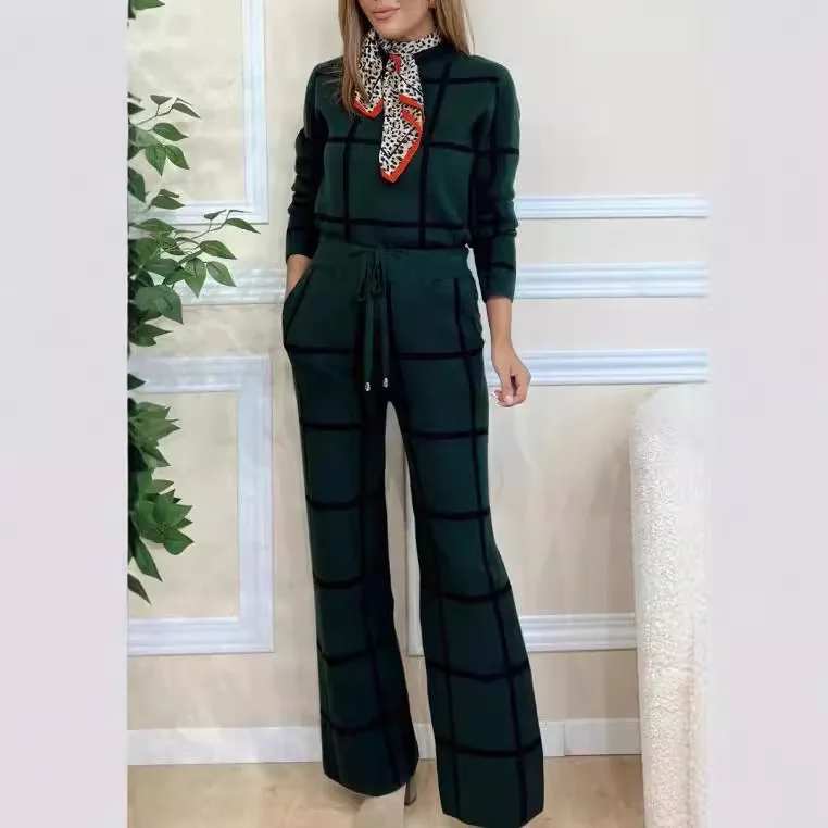 Elegant Plaid Print Suit Half Turtleneck Long Sleeve Pullover Top Straight Pants Two Piece Set 2024 Autumn Office Lady Clothing