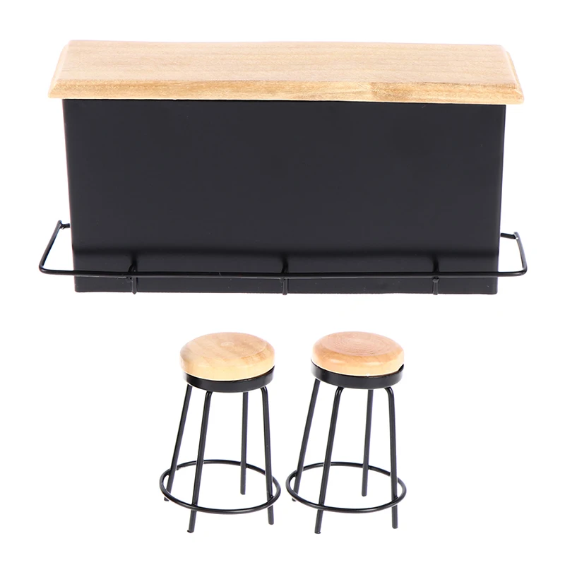 3 stks/set 1:12 ollhouse Mini Bar Set - Houten Pub Teller met 2 Krukken