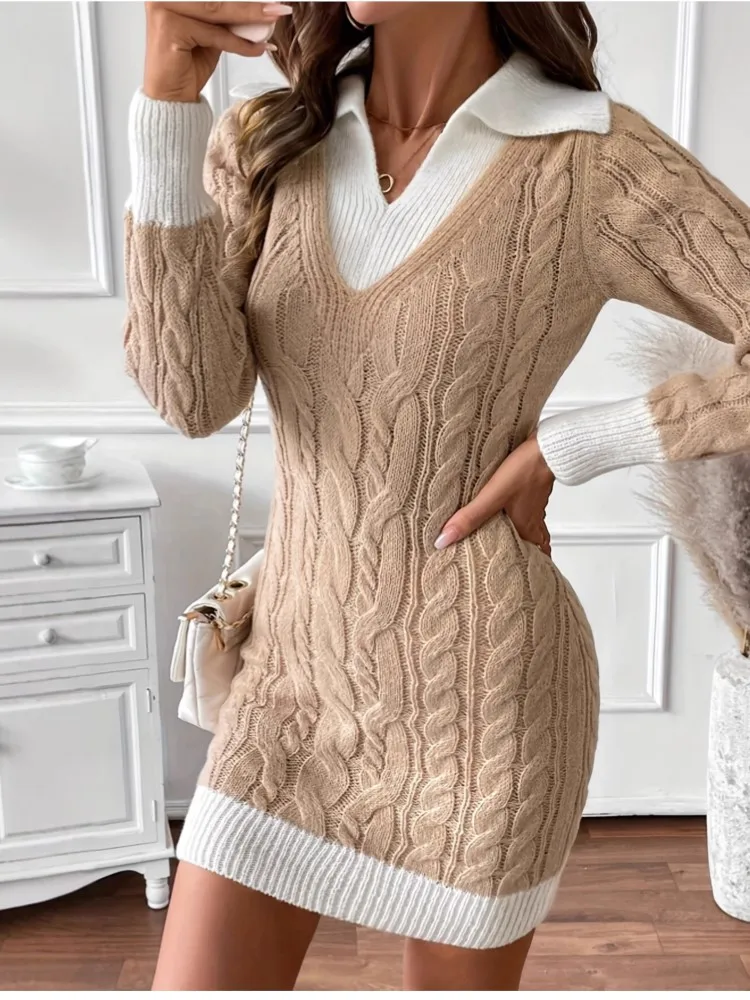 

Women Fashion Twist Color-blocking Sweater Long-sleeved Skirt Autumn Winter Slim Hip Packing Elegant Female Office Knitted Dress