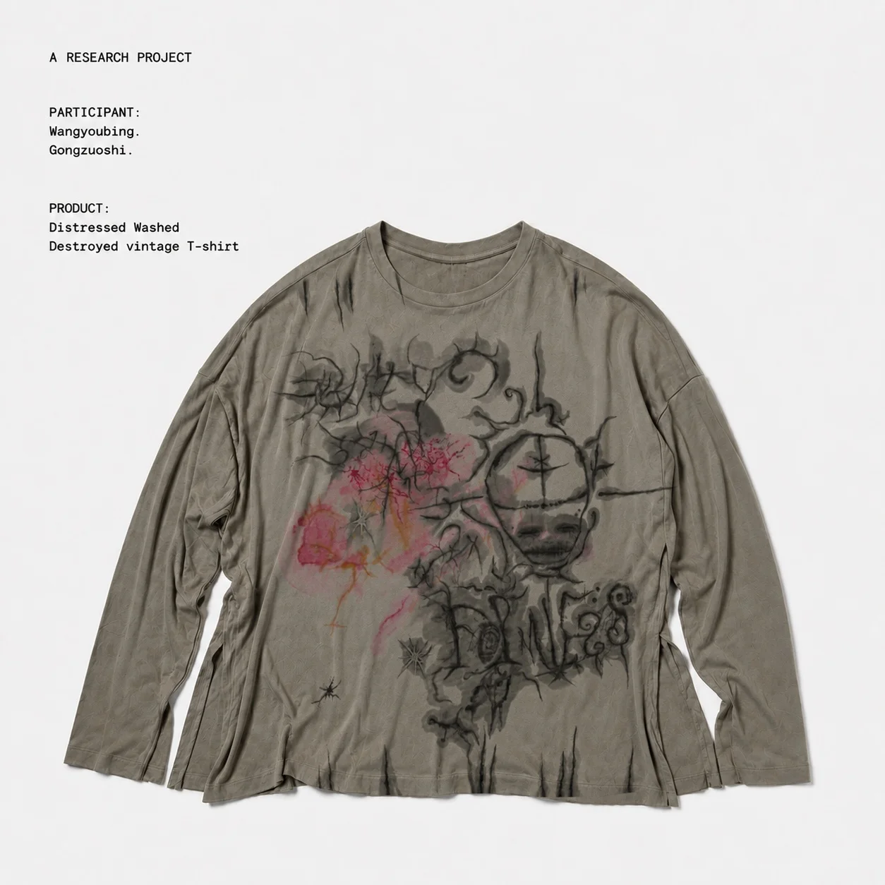 Wang Studio Graffiti Rose Skull Design Loose Fit Long Sleeve T-Shirt Washed out Youthful Style Cotton Casual Summer Top