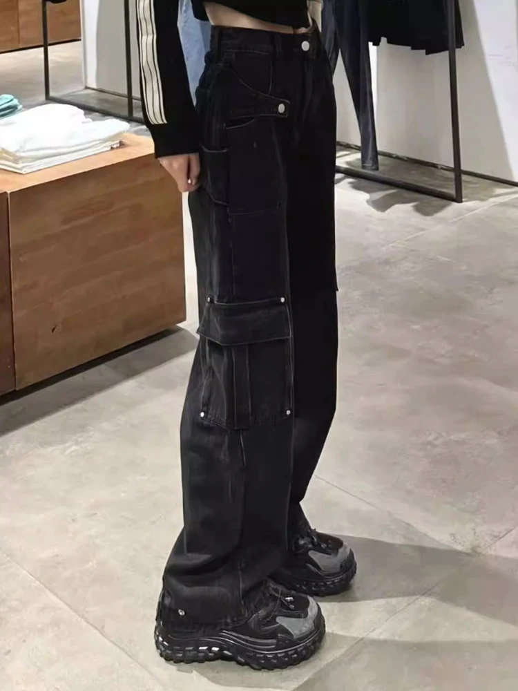 American Retro Multi-Pocket Denim Jeans Women's Small Size Slim High Waist Spring Straight Loose Wide Leg Workwear Pants