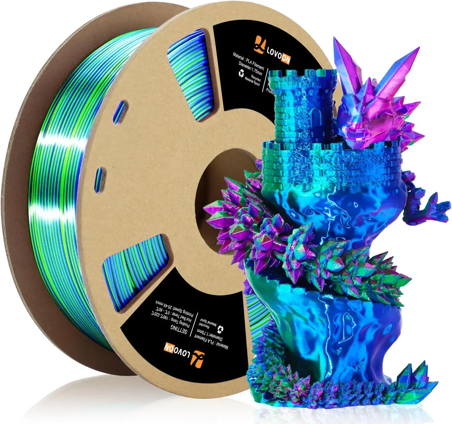 

Tricolor PLA Filament 1.75mm Silk Rainbow Green-Red-Blue, Dimensional Accuracy +/-0.02mm, 2.2lbs/Spool for 3D Printing