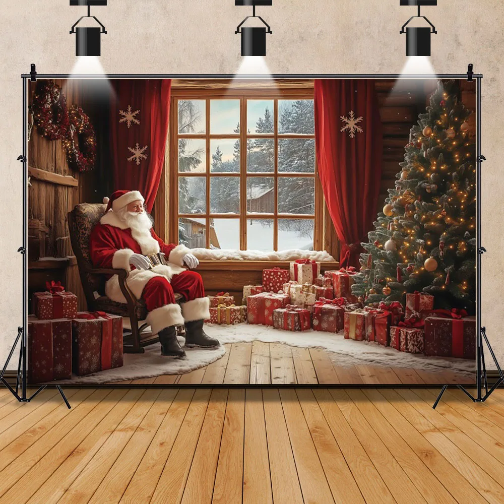 عيد الميلاد سانتا كلوز التصوير خلفية نافذة ستارة حمراء شجرة عيد الميلاد هدية الأسرة الطرف الديكور خلفية استوديو الصور