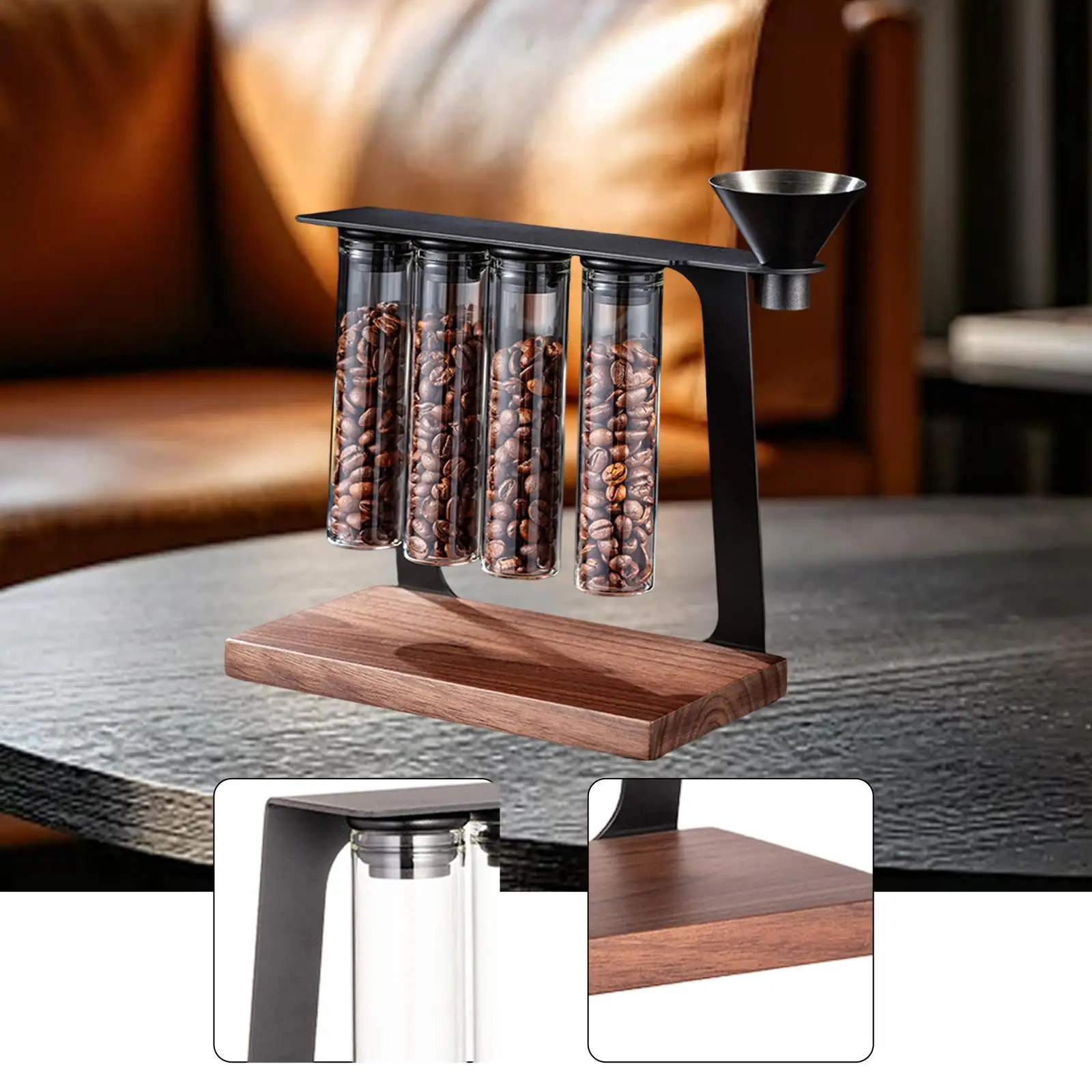 

Convenient Sealed Storage Container with Funnel Coffee Bean Storage Box Wood Stand Holder for Coffee Beans
