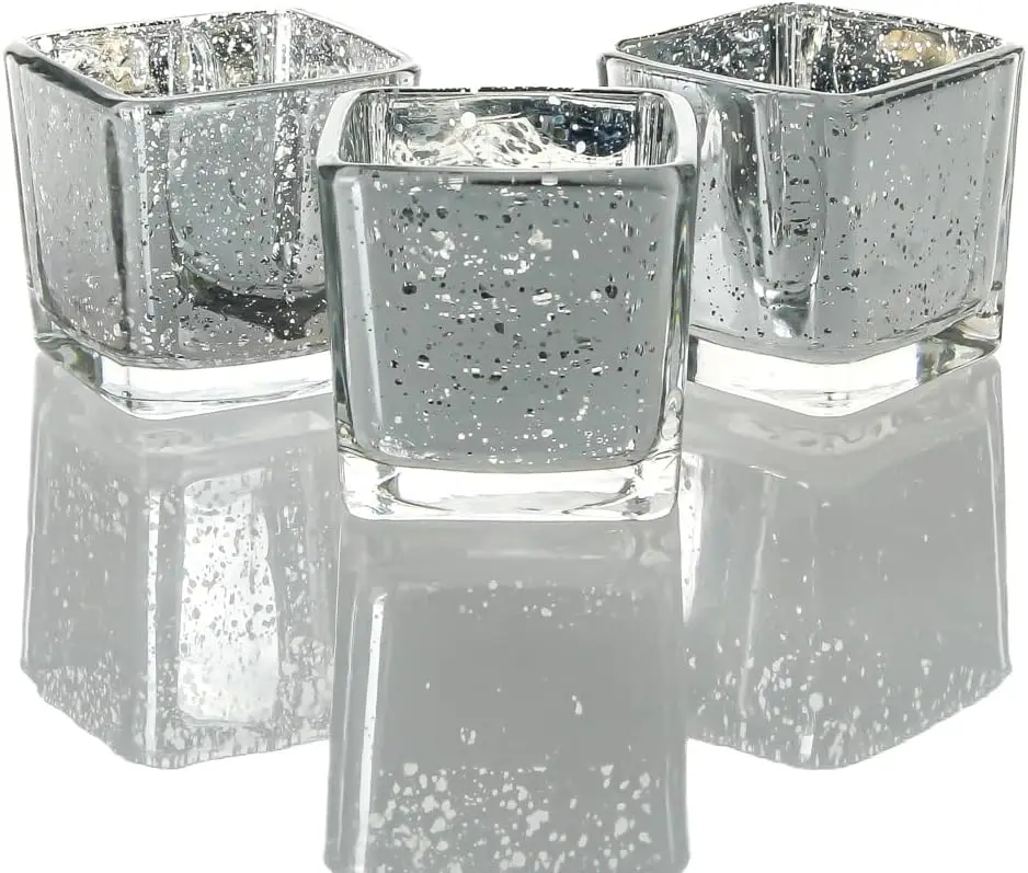 Silver Mercury Square Votive Holders Set of 72 Extra Thick Premium Quality Glass Dappled Mercury Finish Modern Design