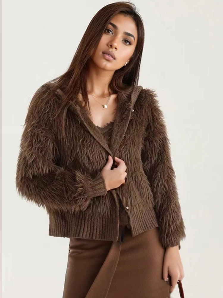 

Элегантный осенне-зимний свитер с капюшоном, куртки, модный женский кардиган с длинными рукавами, вязаный топ, повседневная винтажная трикотажная одежда