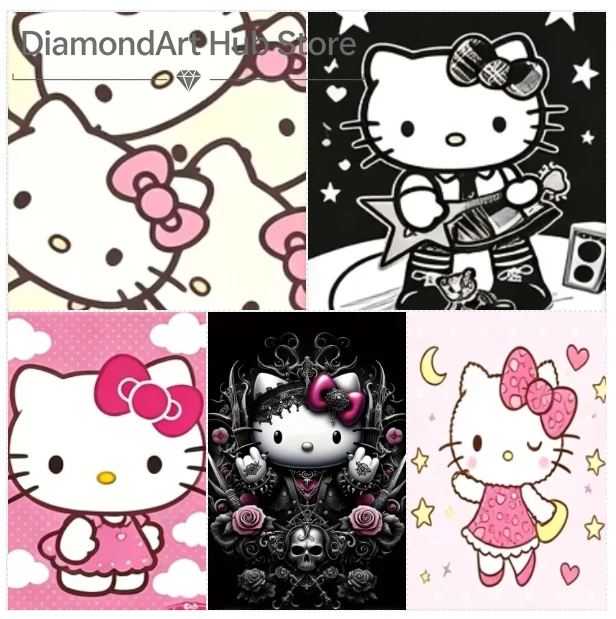 5D DIY Diamond Painting Cute Sanrio Cartoon Art, Overlap Hello Kitty, Rock Guitar Kitty, Pink Polka Dot Kitty, Gothic Rose Kit