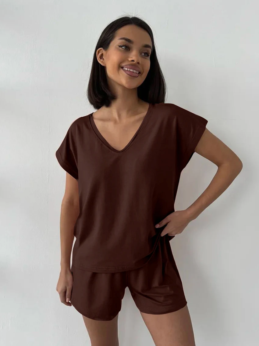Marthaqiqis Loose Summer Female Nightgowns 2 Piece Suit V-Neck Sleepwear Short Sleeve Nightwear Shorts Casual Women Pajamas Sets