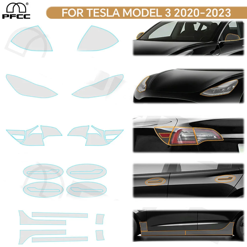 Car Headlight Rearview Door Handles Taillight TPU Protection Film For Tesla Model 3 2020-2023 Pre-cut Clear PPF Anti-scratch Bra