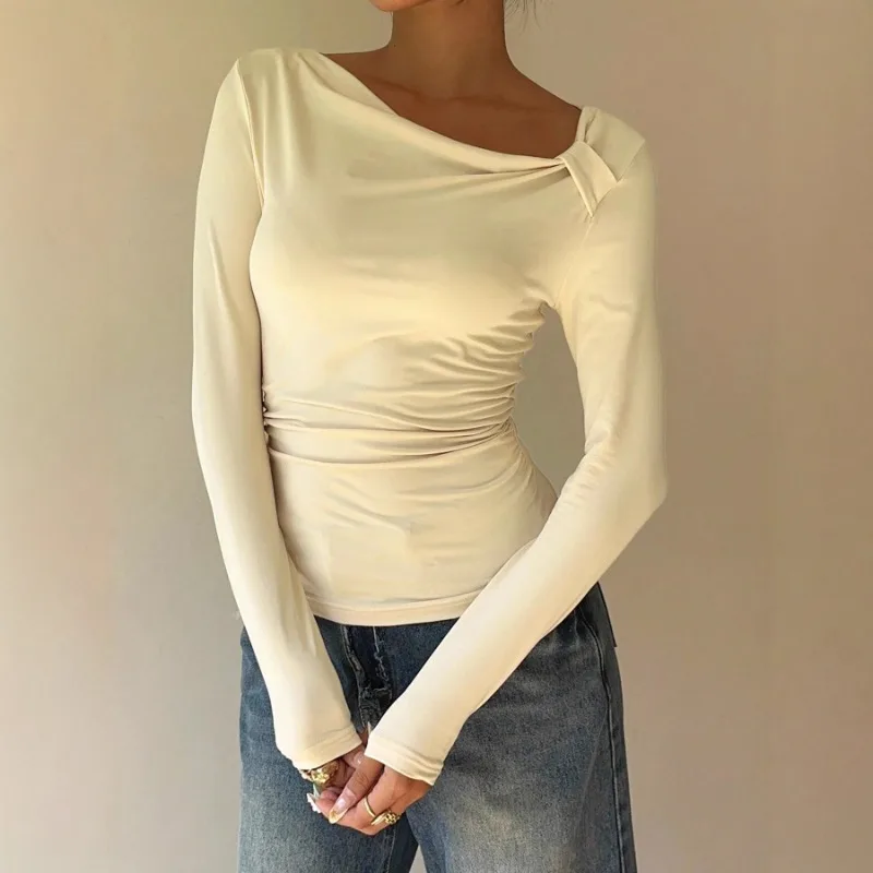 Cor sólida de manga comprida estilo casual feminino em torno do pescoço outono novo ajuste fino plissado irregular versátil topo