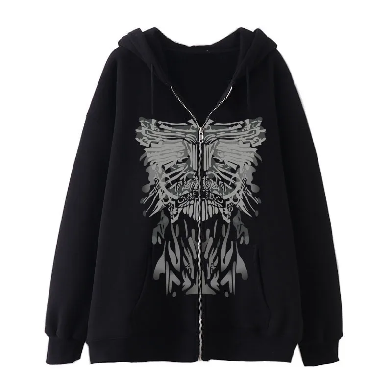 Gothic Darkly Zipper Hoodies Y2k Retro Skeleton Butterfly Sweatshirt Men Women Hip Hop Fashion Autumn Oversized Hoodie Jacket