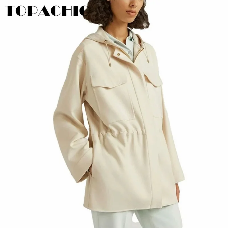 10.12 TOPACHIC-Women\'s High Quality Hooded Fashion Double-Sided Wool Coat Drawstring Collect Waist Big Pocket Zipper Outerwear