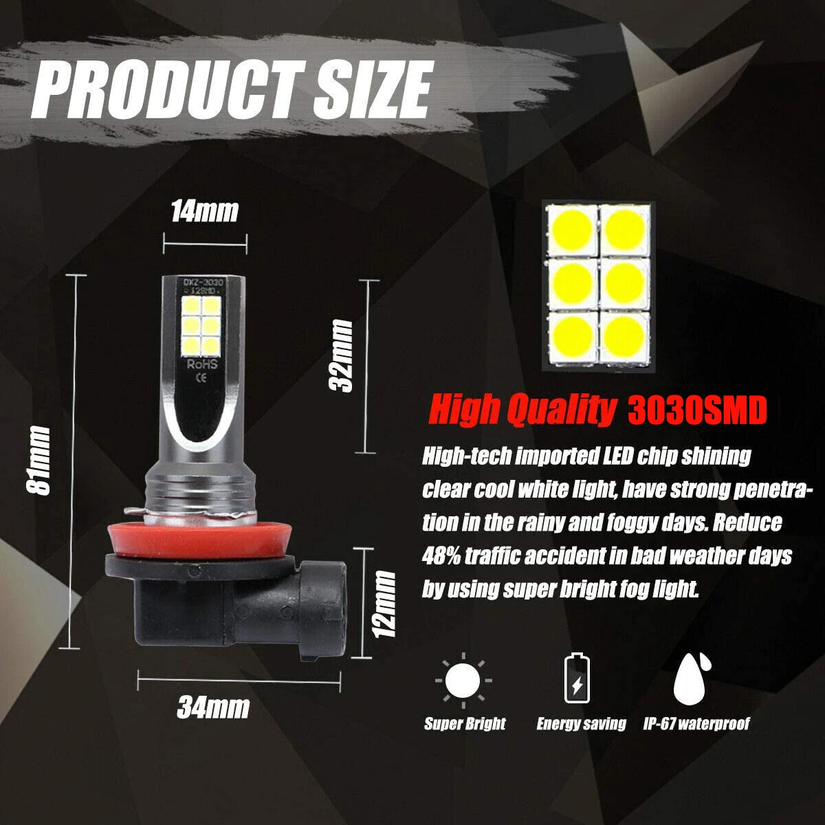NLpearl 2pcs H8 H11 LED Bulb 9005 HB3 9006 HB4 H1 H3 H7 Car CSP LED Fog Headlight Bulbs Day Driving Running Light 12V 6000K