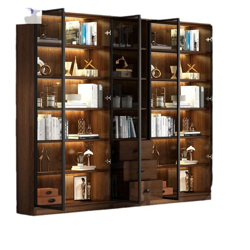 

Light luxury all solid wood living room display cabinet integrated whole wall bookshelf bookcase with glass door floor to wall s